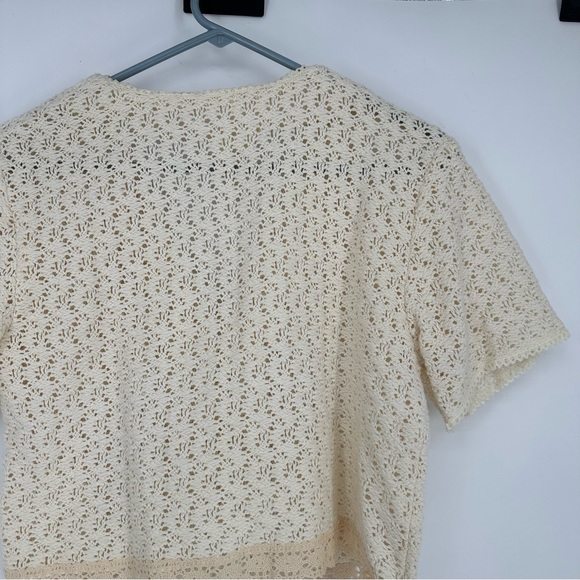 Eber San Francisco Cream Knit Crochet Short Sleeve Button Up Top Medium - Picture 6 of 6
